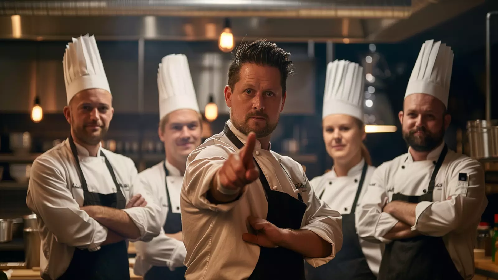 Picture of five Chefs in the kitchen, all looking at you and inviting you to join them