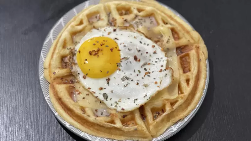 belgian waffle with egg and cheeses