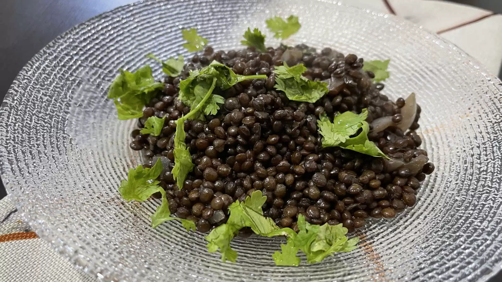 Lentil stew in a glass dish