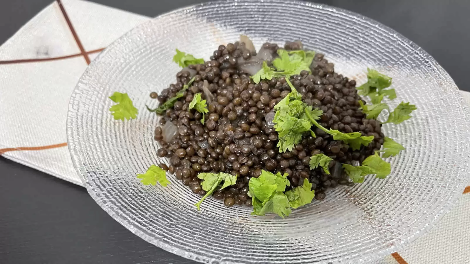 Lentil stew dish in a glass dish