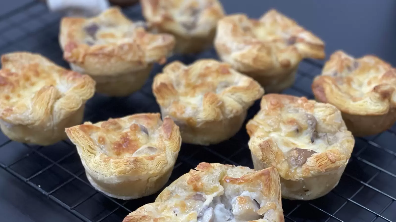Mushroom and Caramelized Onion Puff Pastry Tart Recipe on cooling rack