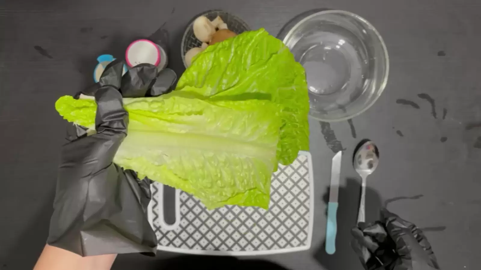 Empty bowl, lettuce leaves, mushrooms, jar of salt, jar of pepper, cutting board, spoon, knife