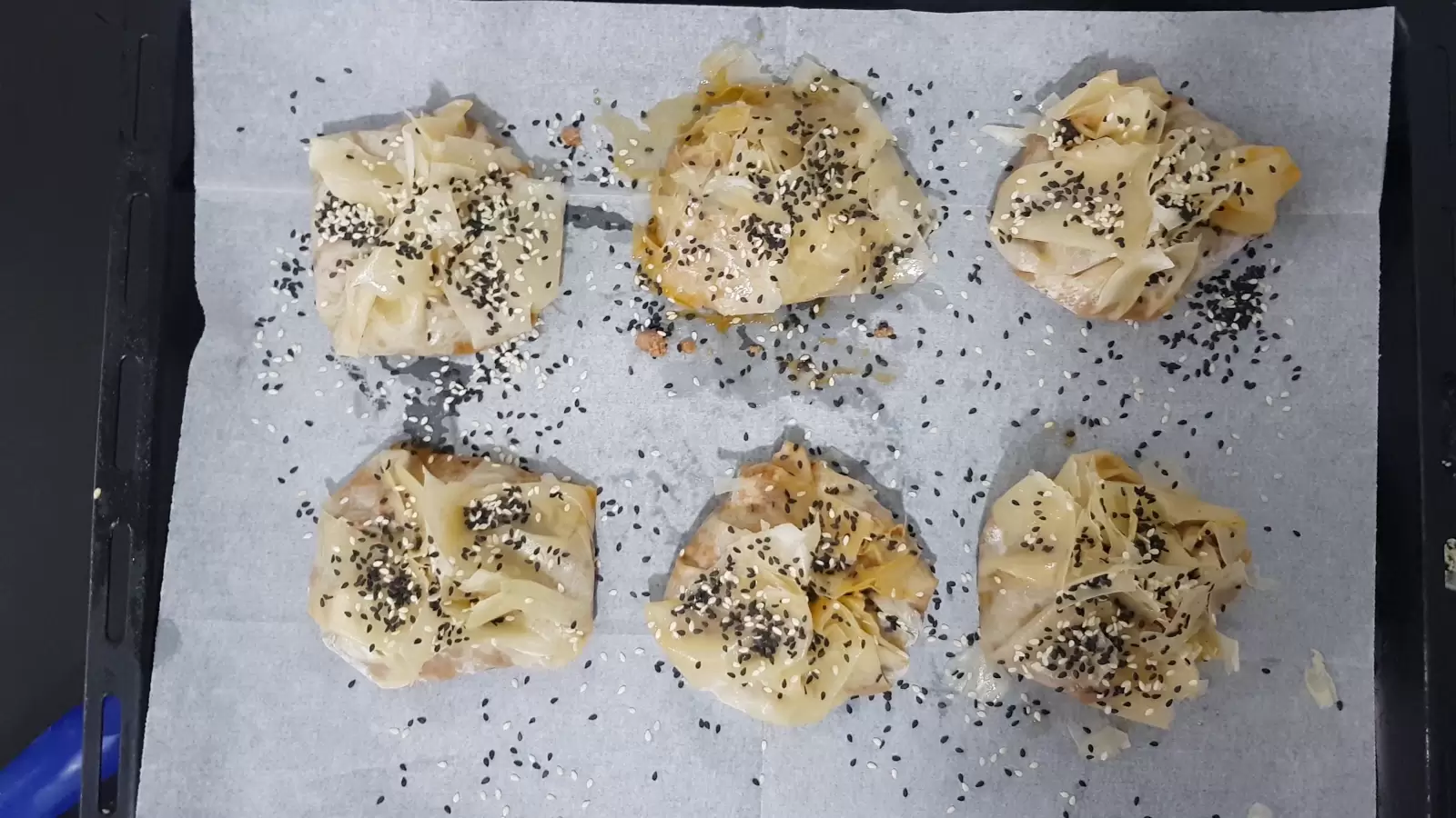 6 Phyllo Dough Beef Pie on a baking sheet with baking paper