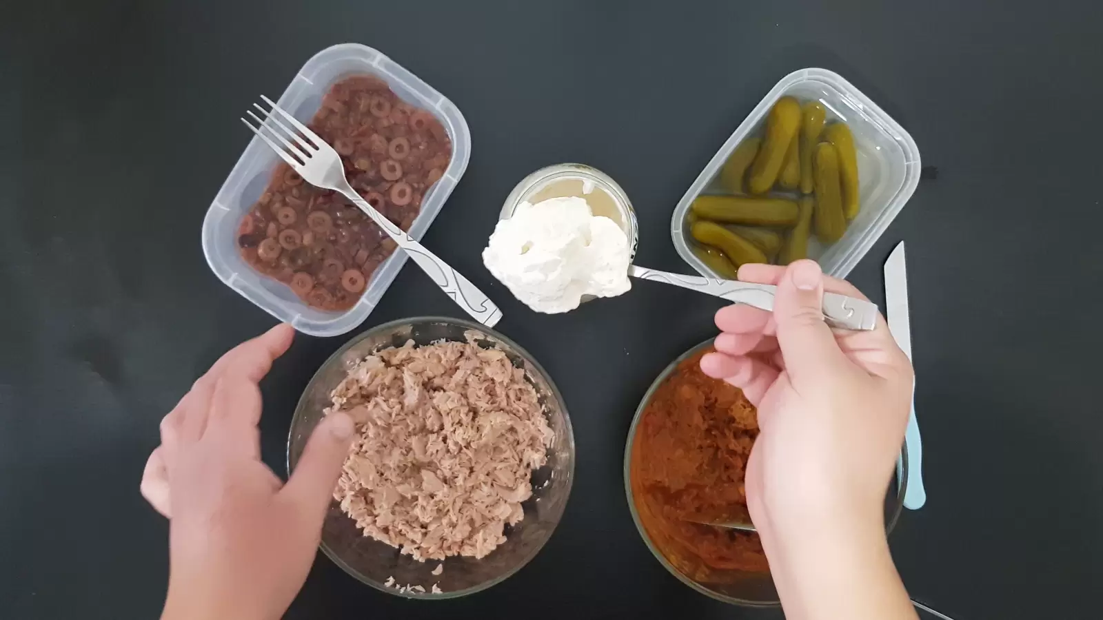 A box with pickles, a box with olives, a spoon with mayonnaise, a fork, a knife, a bowl with tuna, a bowl with tuna in tomato sauce