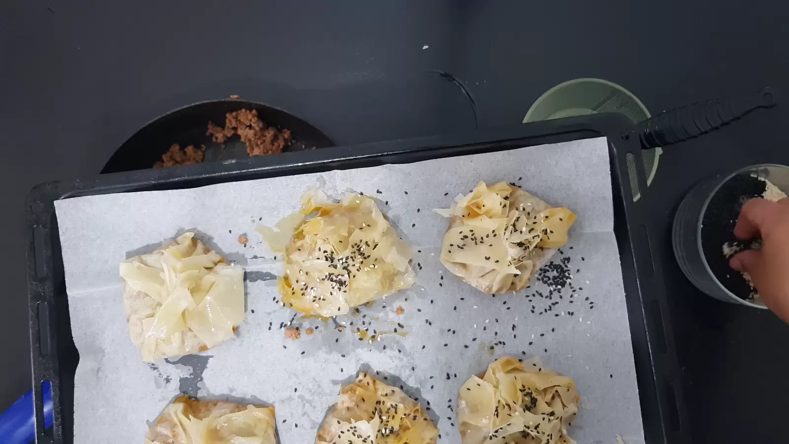 6 Phyllo Dough Beef Pie on a baking sheet with baking paper