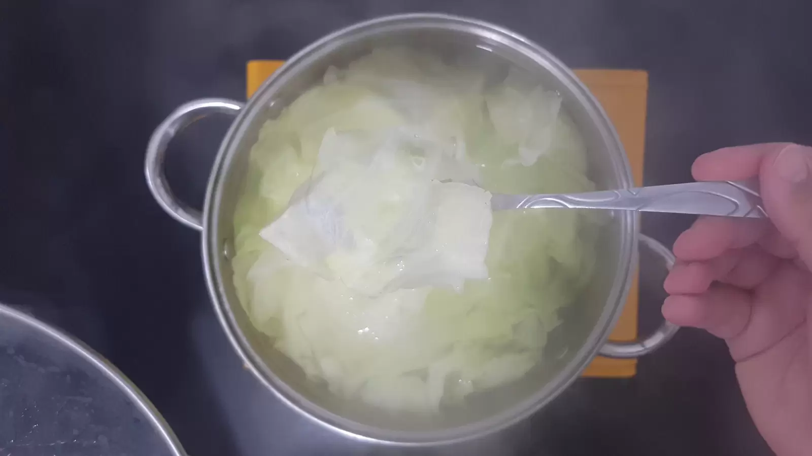 A pot with cabbage leaves and water, a spoon